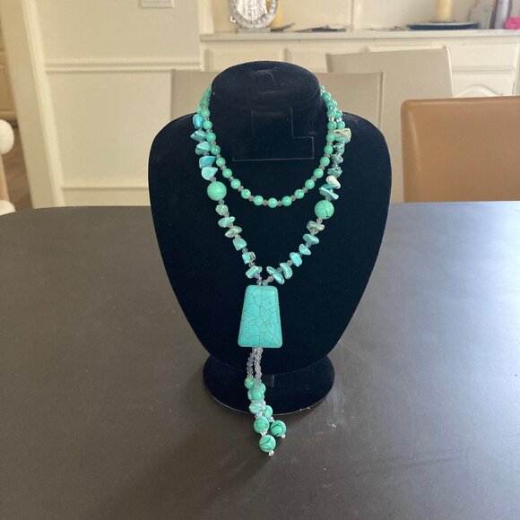 Turquoise Double Strand Chunky Necklace 66 Grams Pendant Dangle 18 Inches Hawaii - Picture 10 of 11